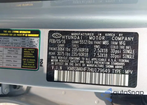 2017 Hyundai Santa Fe Se из США, поврежденный, VIN KM8SM4HF7HU179649